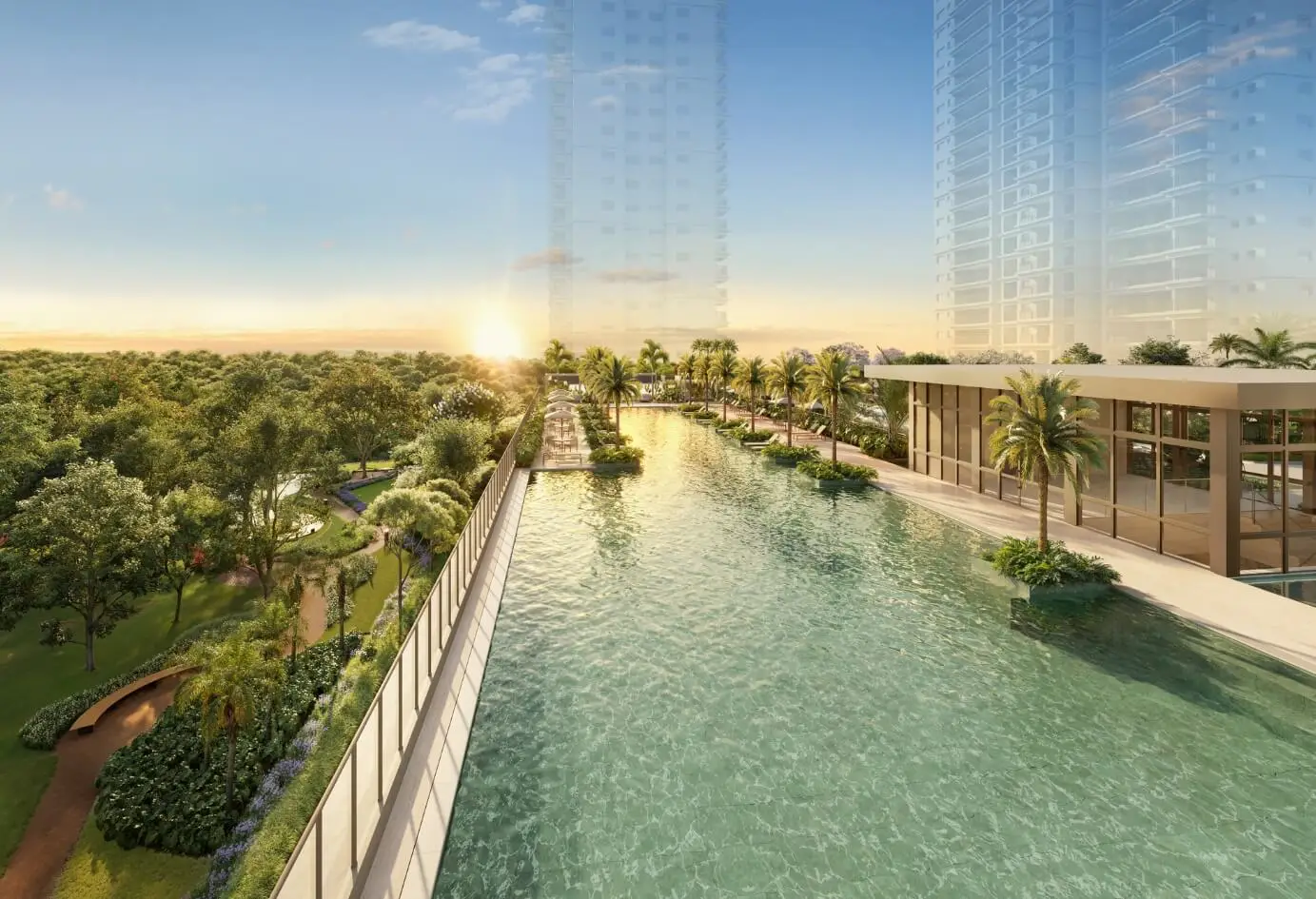 Lançamento Jardins da Hípica: área de lazer com piscina e natureza exuberante