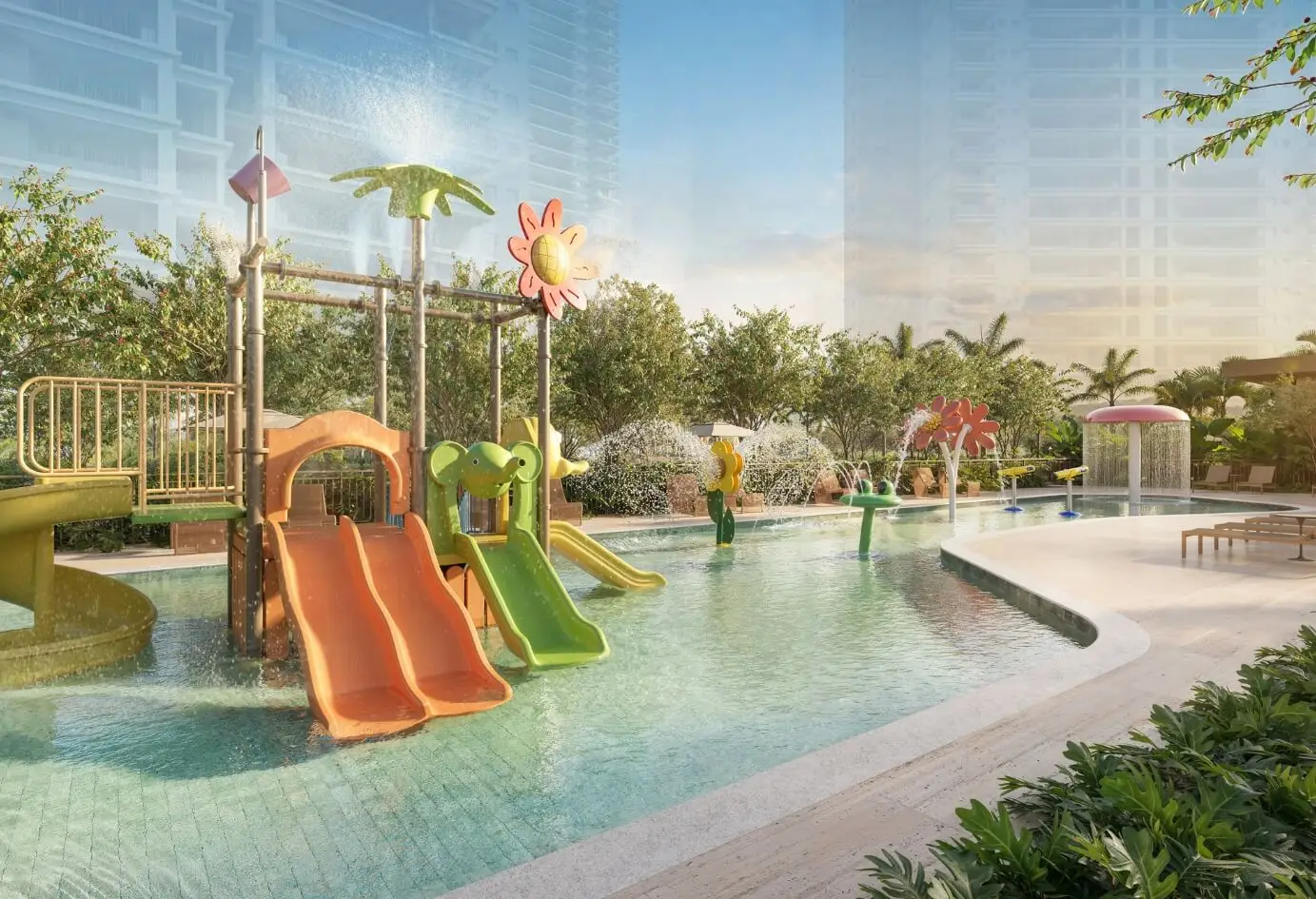 Parque aquático infantil com tobogãs e áreas verdes no Jardim da Hípica