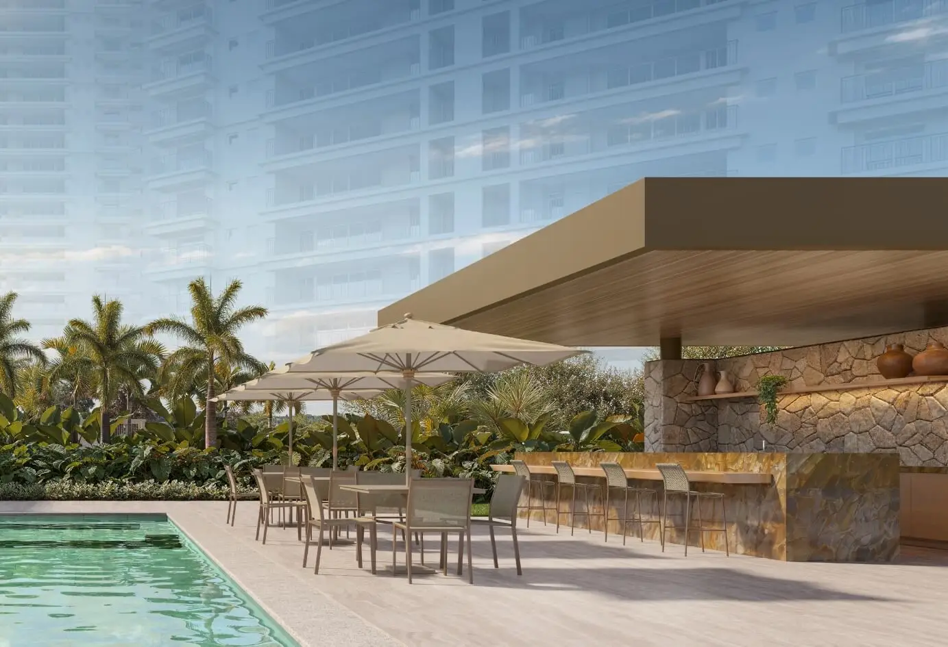 Área de lazer com piscina e bar em empreendimento Jardim da Hípica SP