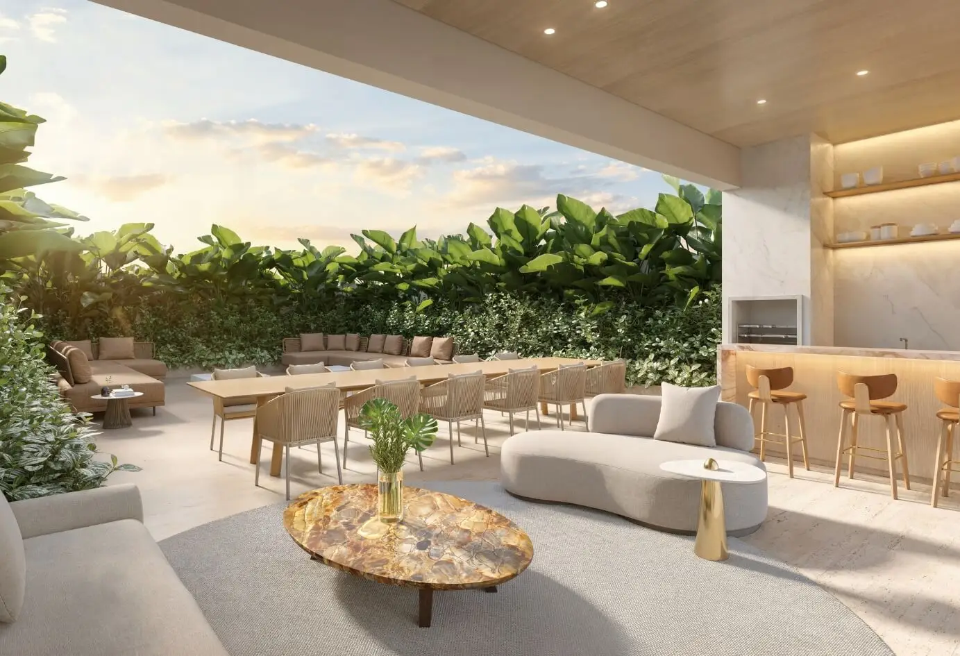 Espaço gourmet moderno com área externa verde e confortável para convivência