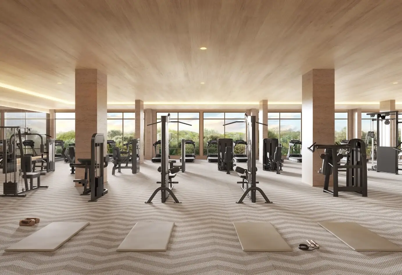 Academia moderna com equipamentos completos e vista para áreas verdes em SP