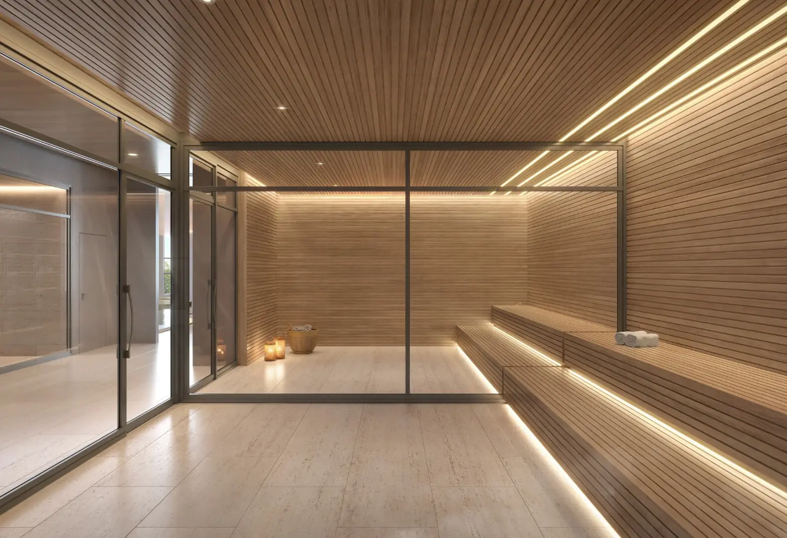 Sauna moderna com iluminação suave e acabamento em madeira elegante