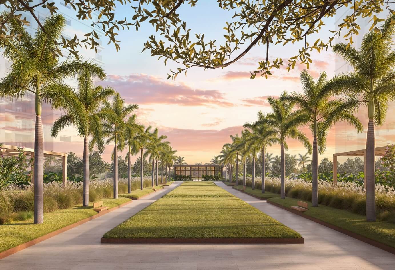 Luxuosa área verde com palmeiras, ideal para lazer e bem-estar urbano